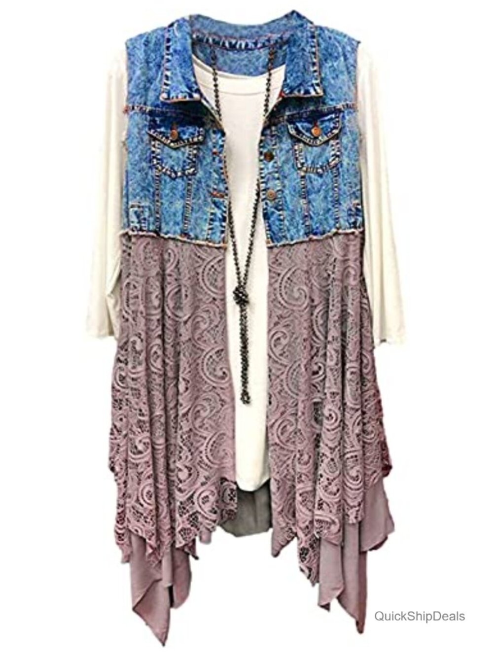 Sleeveless Ripped Denim Vest Lace Hem Cardigan Layering Piece